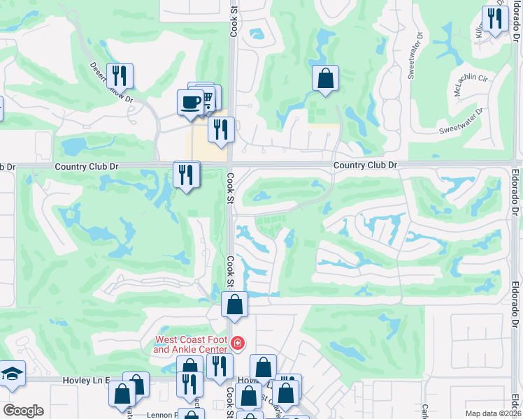 map of restaurants, bars, coffee shops, grocery stores, and more near 74 Old Ranch Road in Palm Desert
