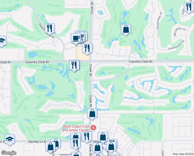 map of restaurants, bars, coffee shops, grocery stores, and more near 74 Old Ranch Road in Palm Desert