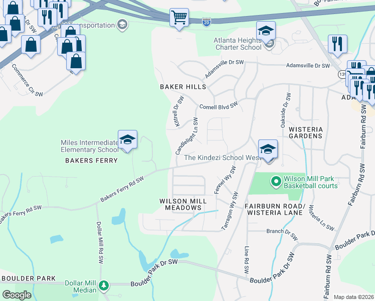 map of restaurants, bars, coffee shops, grocery stores, and more near 65 Candlelight Lane Southwest in Atlanta