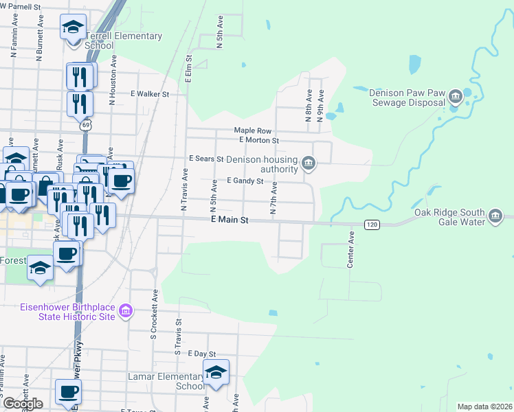 map of restaurants, bars, coffee shops, grocery stores, and more near 601 East Woodard Street in Denison