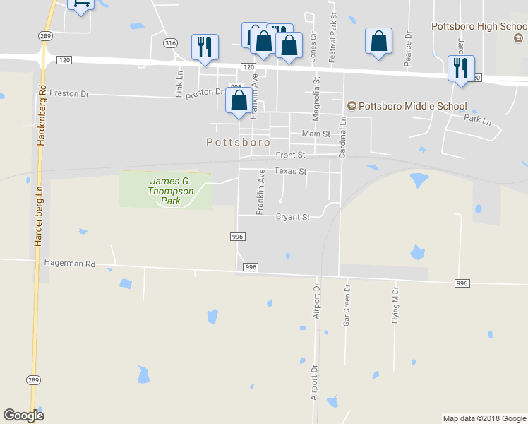 map of restaurants, bars, coffee shops, grocery stores, and more near 202 Bryant Street in Pottsboro