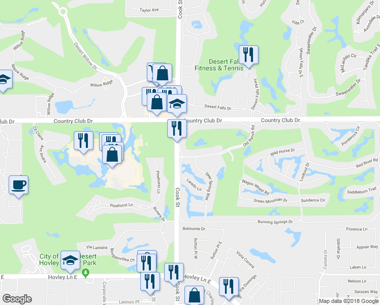 map of restaurants, bars, coffee shops, grocery stores, and more near 72 Old Ranch Road in Palm Desert