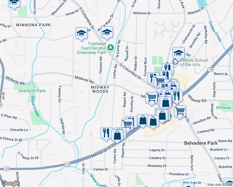 map of restaurants, bars, coffee shops, grocery stores, and more near 1310 Carter Road in Decatur