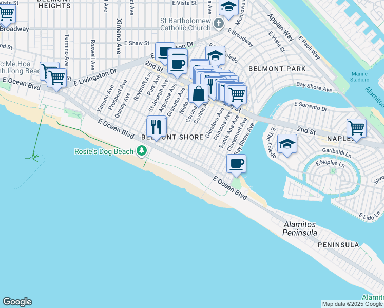 map of restaurants, bars, coffee shops, grocery stores, and more near 40 La Verne Avenue in Long Beach