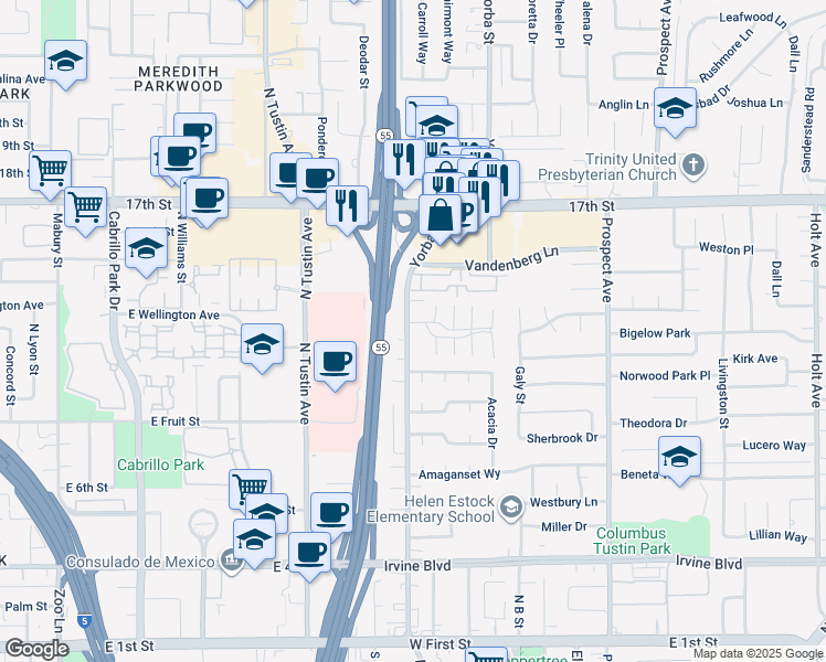 map of restaurants, bars, coffee shops, grocery stores, and more near 17332 Jacaranda Avenue in Tustin