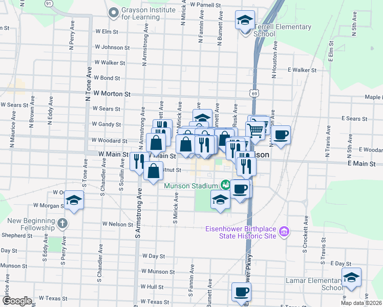 map of restaurants, bars, coffee shops, grocery stores, and more near 501 West Main Street in Denison