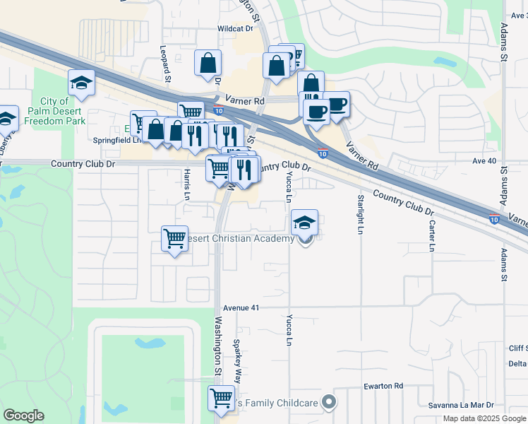 map of restaurants, bars, coffee shops, grocery stores, and more near 40300 Washington Street in Bermuda Dunes