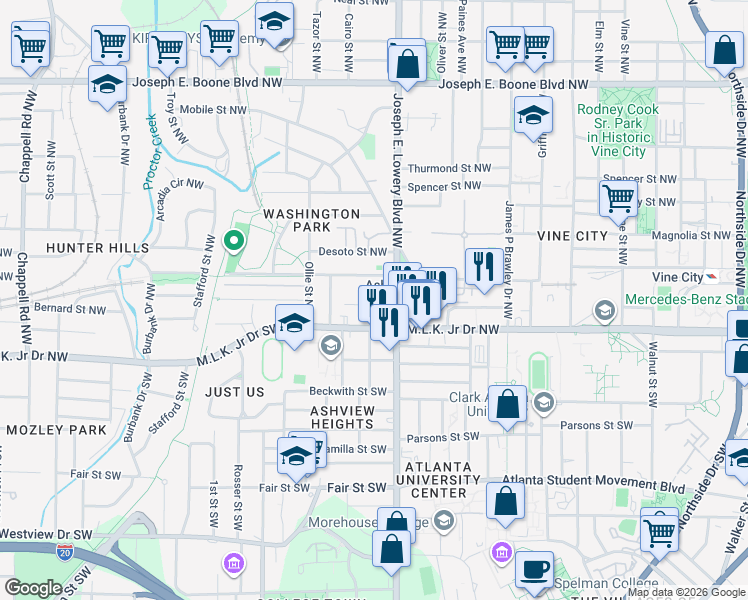 map of restaurants, bars, coffee shops, grocery stores, and more near 945 Harwell Street Northwest in Atlanta