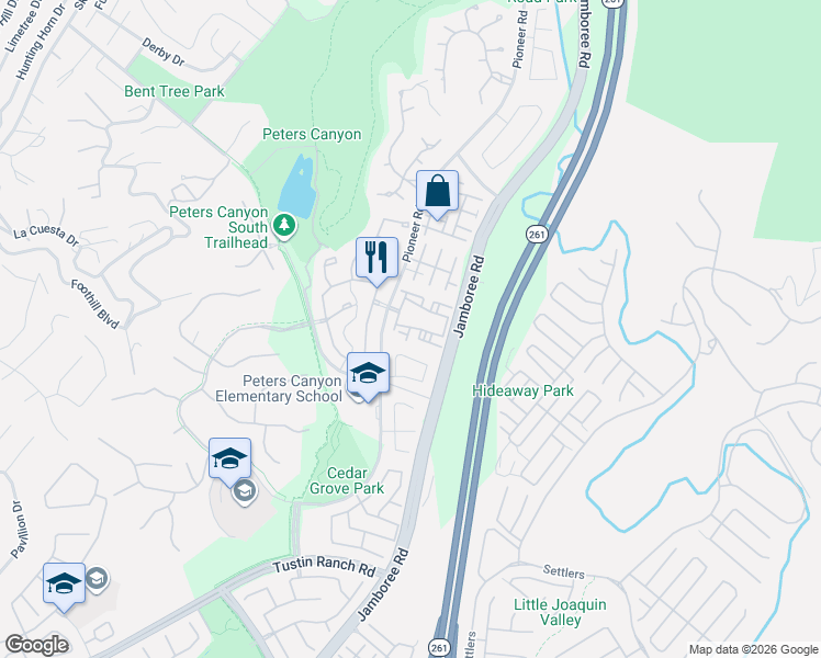 map of restaurants, bars, coffee shops, grocery stores, and more near 2665 Dunstan Drive in Tustin