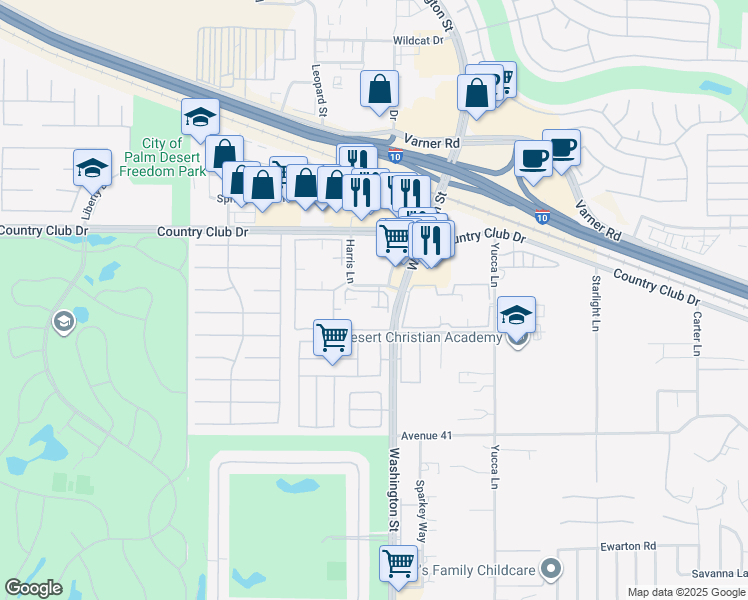 map of restaurants, bars, coffee shops, grocery stores, and more near 40235 Harris Lane in Palm Desert