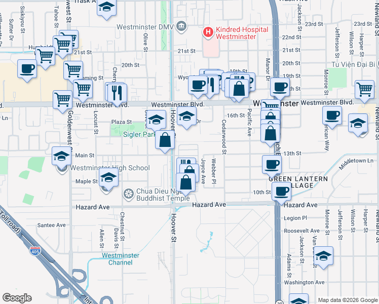 map of restaurants, bars, coffee shops, grocery stores, and more near 14272 Hoover Street in Westminster