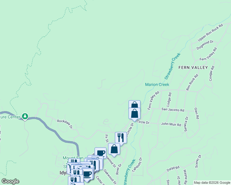 map of restaurants, bars, coffee shops, grocery stores, and more near 54560 Craig Hill Drive in Idyllwild-Pine Cove