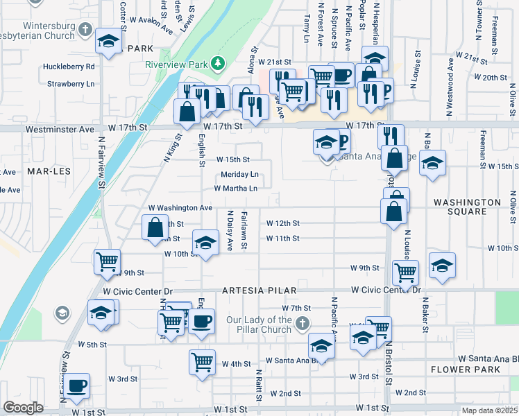map of restaurants, bars, coffee shops, grocery stores, and more near W Washington Ave & N Raitt St in Santa Ana