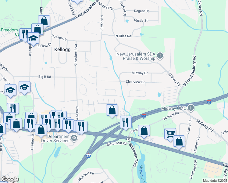 map of restaurants, bars, coffee shops, grocery stores, and more near 8428 Somerton Circle in Douglasville