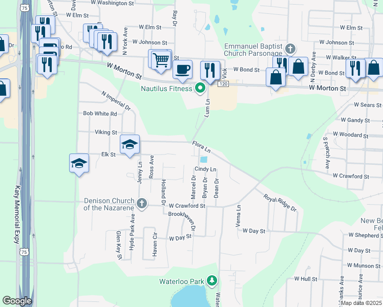 map of restaurants, bars, coffee shops, grocery stores, and more near 2507 West Chestnut Street in Denison