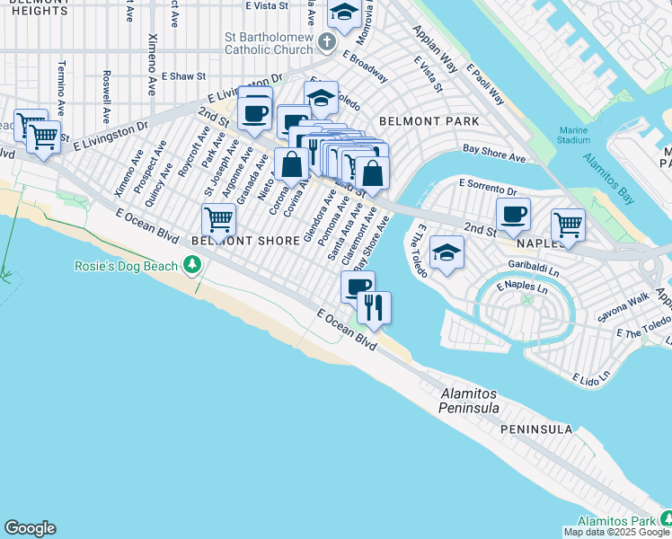 map of restaurants, bars, coffee shops, grocery stores, and more near 101 Claremont Avenue in Long Beach