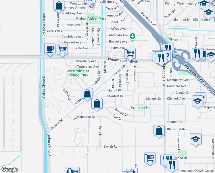 map of restaurants, bars, coffee shops, grocery stores, and more near 14208 Graham Street in Westminster