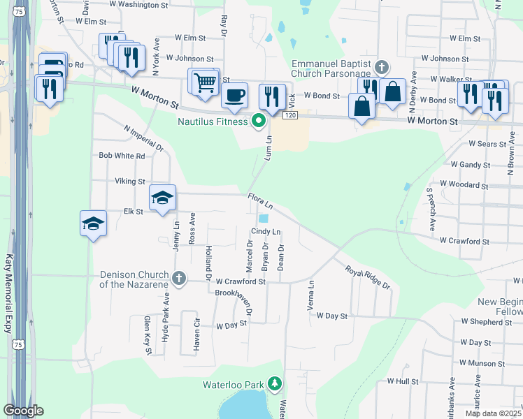 map of restaurants, bars, coffee shops, grocery stores, and more near 2224 Flora Lane in Denison