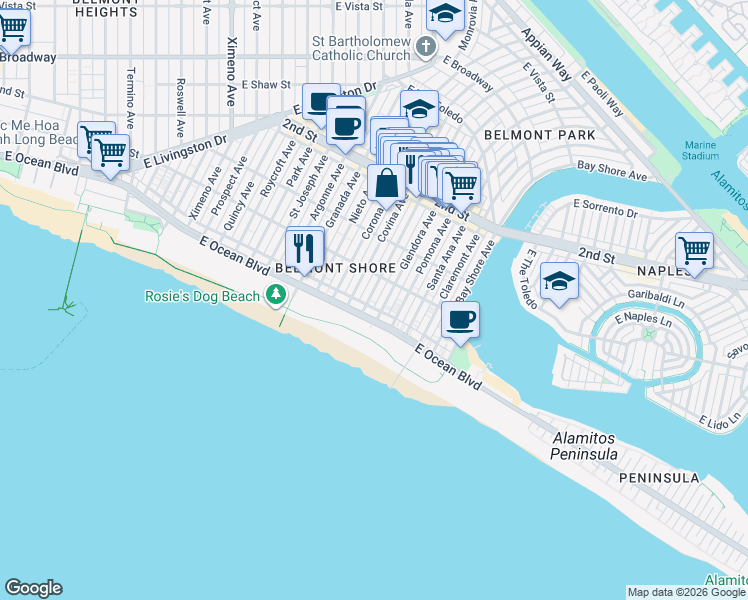 map of restaurants, bars, coffee shops, grocery stores, and more near 32 La Verne Avenue in Long Beach