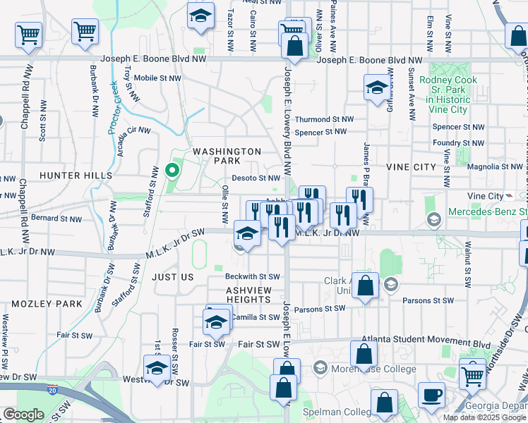 map of restaurants, bars, coffee shops, grocery stores, and more near 957 Harwell Street Northwest in Atlanta