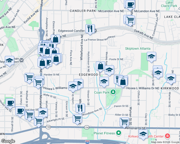 map of restaurants, bars, coffee shops, grocery stores, and more near 75 Hutchinson Street Northeast in Atlanta