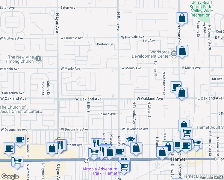 map of restaurants, bars, coffee shops, grocery stores, and more near 547 North Palm Avenue in Hemet