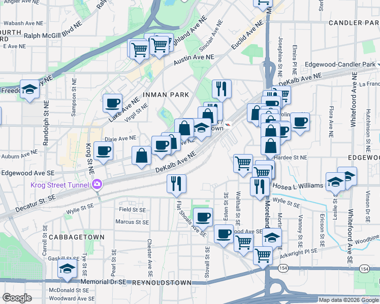 map of restaurants, bars, coffee shops, grocery stores, and more near 982 DeKalb Avenue Northeast in Atlanta
