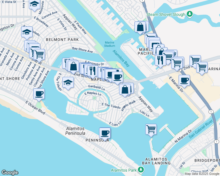 map of restaurants, bars, coffee shops, grocery stores, and more near 5747 Campo Walk in Long Beach