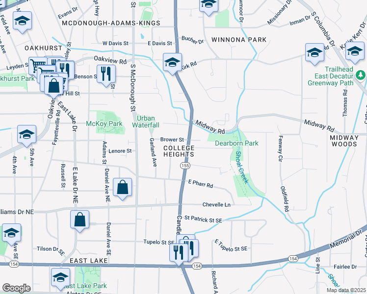 map of restaurants, bars, coffee shops, grocery stores, and more near 215 Brower Street in Decatur