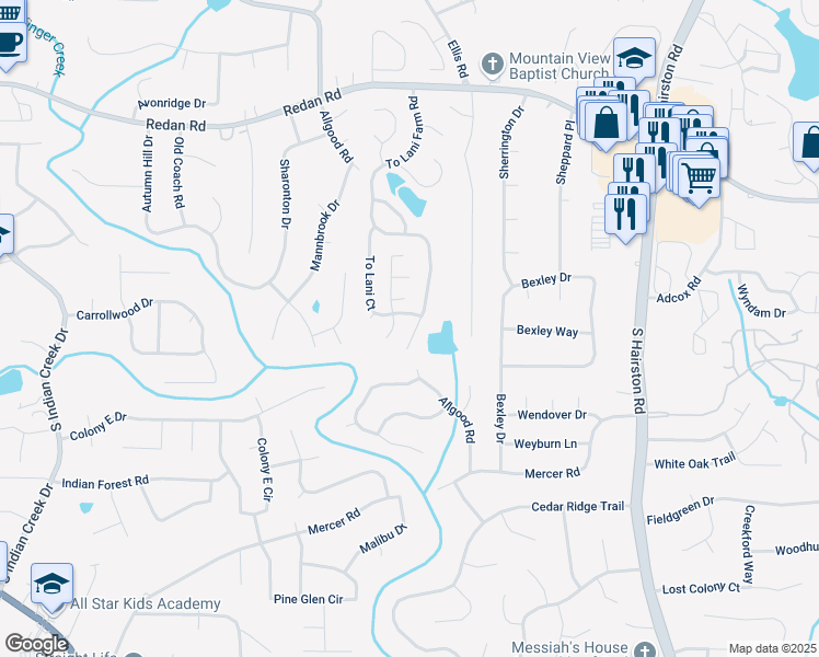 map of restaurants, bars, coffee shops, grocery stores, and more near 1363 To Lani Farm Road in Stone Mountain