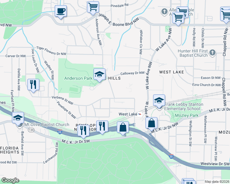 map of restaurants, bars, coffee shops, grocery stores, and more near 73 Anderson Avenue Northwest in Atlanta