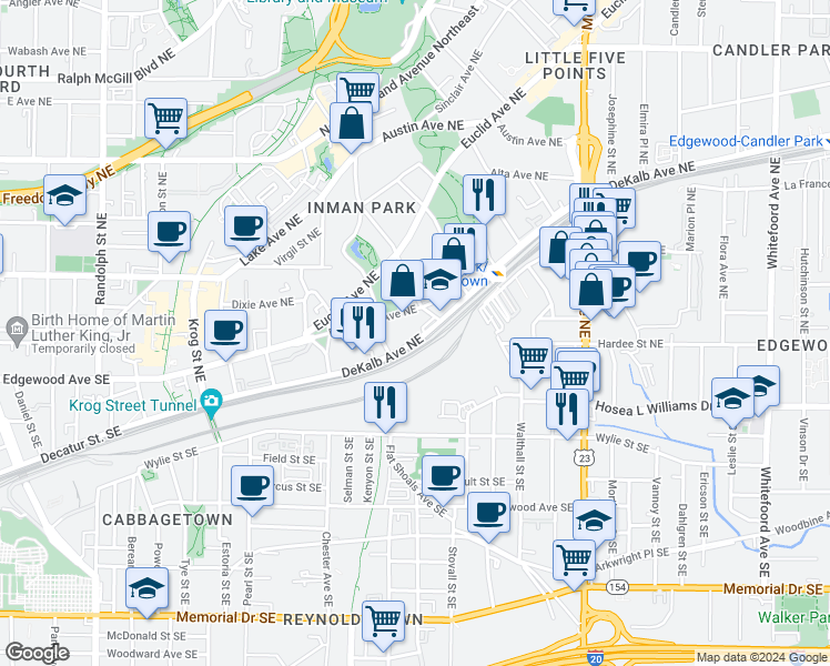 map of restaurants, bars, coffee shops, grocery stores, and more near 972 Dekalb Avenue in Atlanta