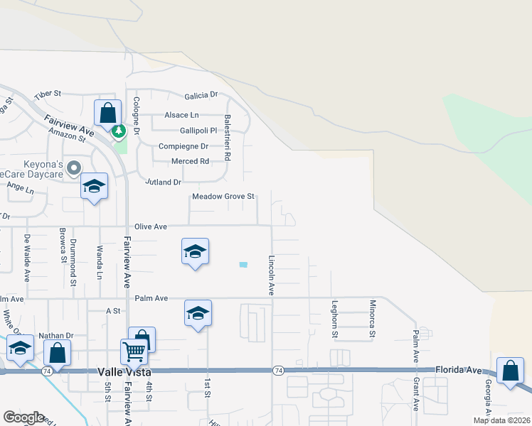 map of restaurants, bars, coffee shops, grocery stores, and more near 25187 Lincoln Avenue in Hemet