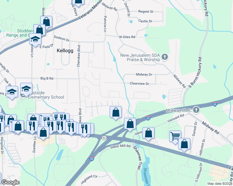 map of restaurants, bars, coffee shops, grocery stores, and more near 8424 Somerton Circle in Douglasville