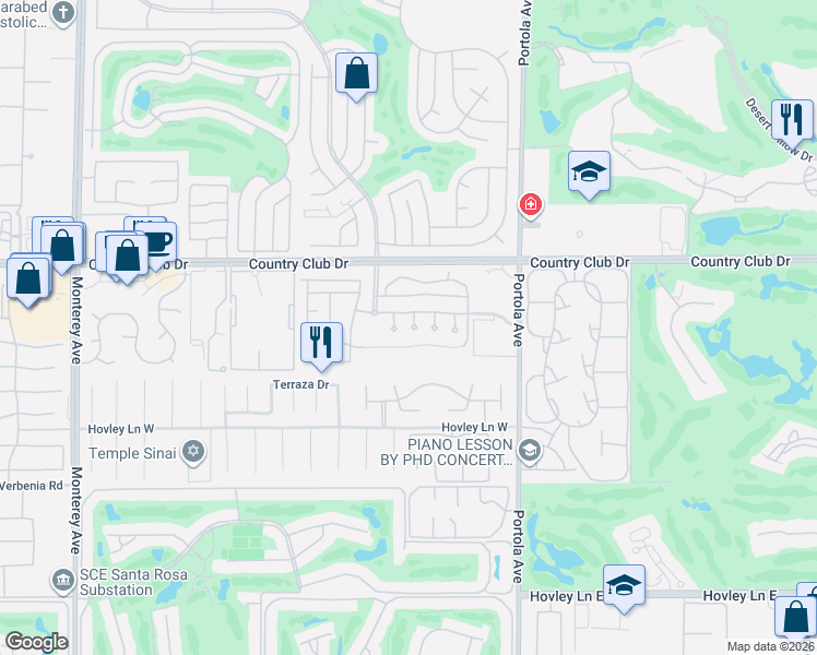 map of restaurants, bars, coffee shops, grocery stores, and more near 202 Piazza Di Sotto in Palm Desert