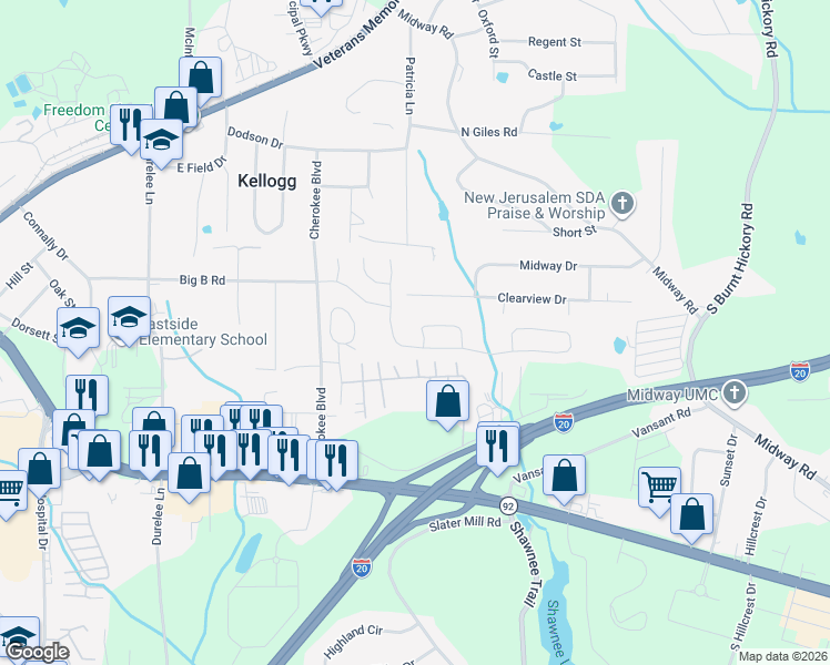 map of restaurants, bars, coffee shops, grocery stores, and more near 8405 Somerton Circle in Douglasville