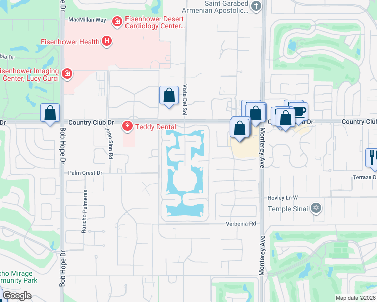 map of restaurants, bars, coffee shops, grocery stores, and more near 184 Desert Lakes Drive in Rancho Mirage