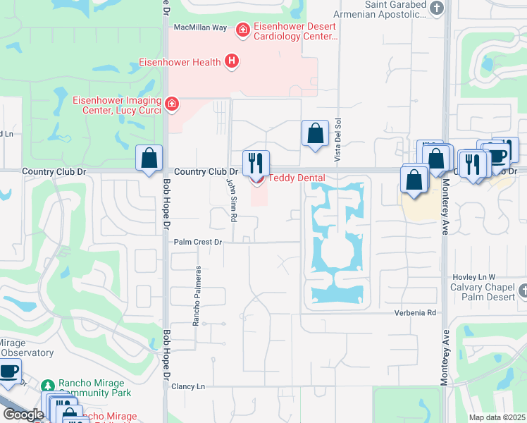 map of restaurants, bars, coffee shops, grocery stores, and more near 4 Makena Lane in Rancho Mirage