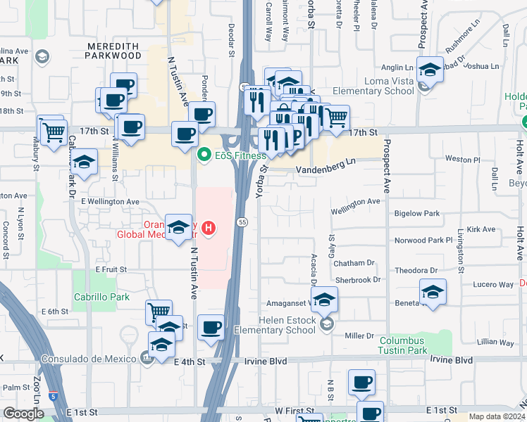 map of restaurants, bars, coffee shops, grocery stores, and more near 17332 Jacaranda Avenue in Tustin