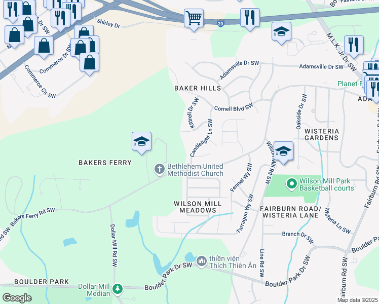 map of restaurants, bars, coffee shops, grocery stores, and more near 48 Candlelight Lane Southwest in Atlanta