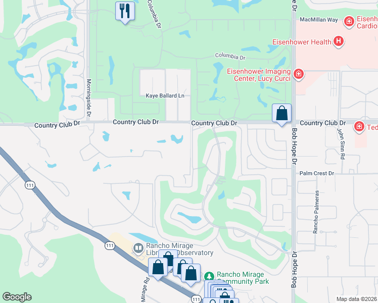 map of restaurants, bars, coffee shops, grocery stores, and more near 17 Haig Drive in Rancho Mirage