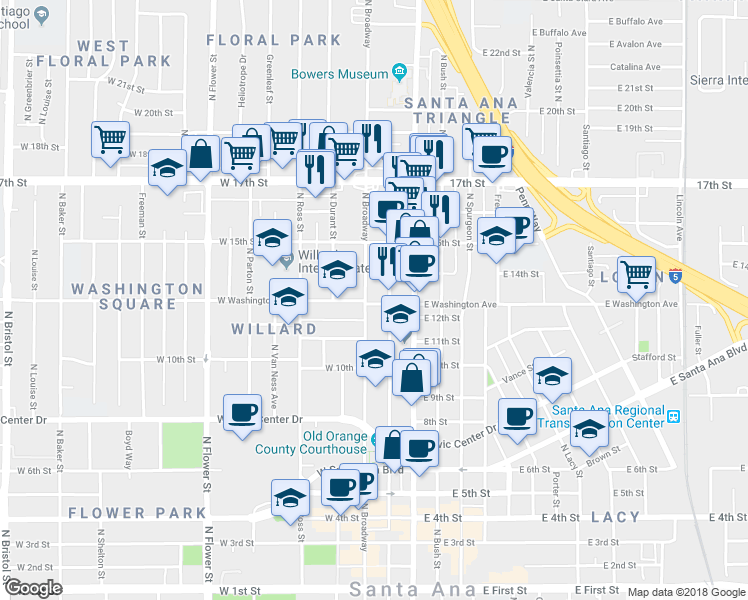 map of restaurants, bars, coffee shops, grocery stores, and more near 1301 North Broadway in Santa Ana
