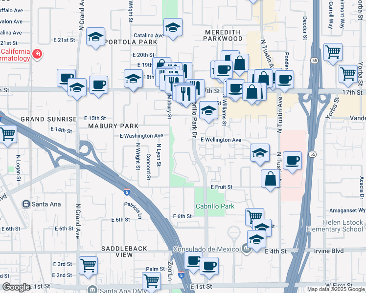 map of restaurants, bars, coffee shops, grocery stores, and more near 1300 Cabrillo Park Drive in Santa Ana