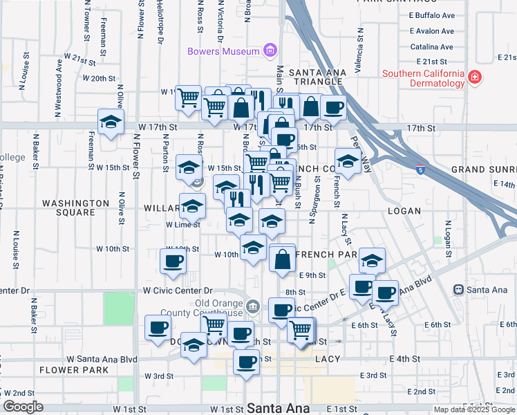 map of restaurants, bars, coffee shops, grocery stores, and more near in Santa Ana