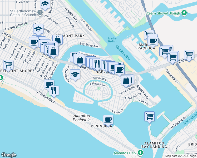 map of restaurants, bars, coffee shops, grocery stores, and more near 143 Ravenna Drive in Long Beach