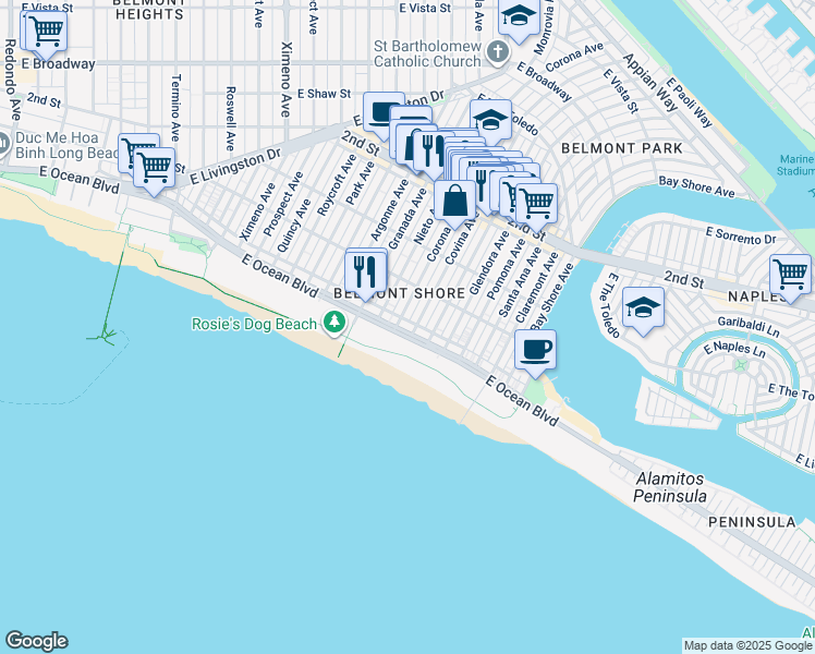 map of restaurants, bars, coffee shops, grocery stores, and more near 5225 East Ocean Boulevard in Long Beach