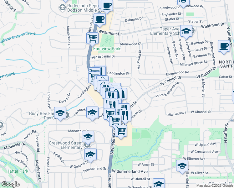 map of restaurants, bars, coffee shops, grocery stores, and more near in Los Angeles County