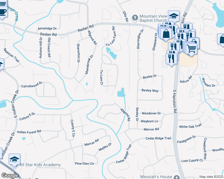map of restaurants, bars, coffee shops, grocery stores, and more near 1363 To Lani Farm Road in Stone Mountain