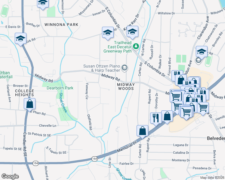 map of restaurants, bars, coffee shops, grocery stores, and more near 1302 Oldfield Road in Decatur