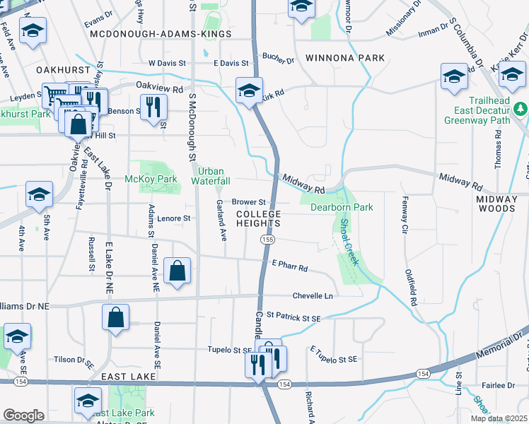 map of restaurants, bars, coffee shops, grocery stores, and more near 215 Brower Street in Decatur